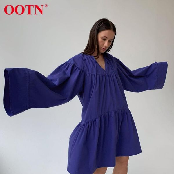 

casual dresses ootn oversize v-neck flare long sleeve cotton mini dress women purple lace up pleated spring autumn female, Black;gray