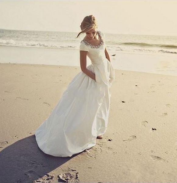 

modern 2021 new es with pockets short sleeves scoop beading crystal spring beach wedding bridal gowns custom made 6ycy, White