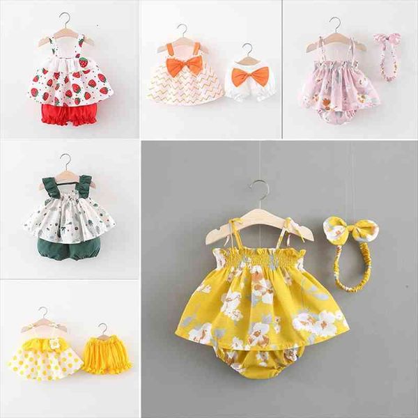 

newborn baby girls clothes sleeveless dress briefs 2pcs outfits set cherry floral printed clothing sets summer sunsuit 0-24m, White