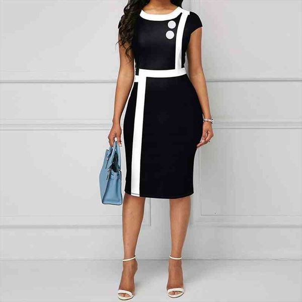 

oten elegant round neck women dresses button stitching contrast patchwork slim knee-length pencil sheath bodycon dress robe vestidos, Black;gray