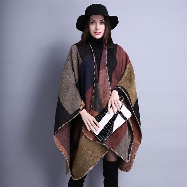 

autumn and winter scarf versatile plaid women's travel cape imitation cashmere national style split thick, Blue;black