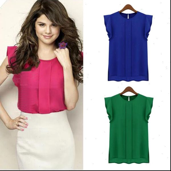 

1pc womens casual chiffon shirt short tulip sleeve blouse solid pullover ol style office ladies summer tunic clothes blue, White