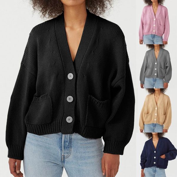 

women's knits & tees 2021 women knitted cardigans sweater fashion autumn long sleeve loose coat casual button thick v neck solid female, White