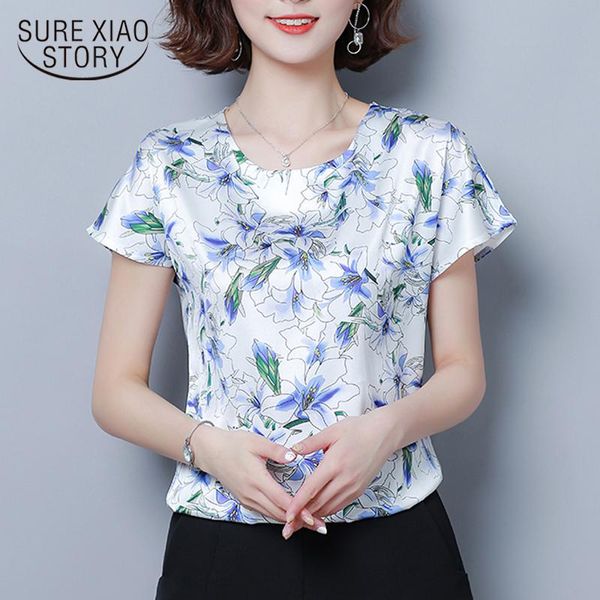

2021 korean loose o neck pullover blouse women summer short sleeve print women's blouse casual plus size 4xl silk 9373 50, White