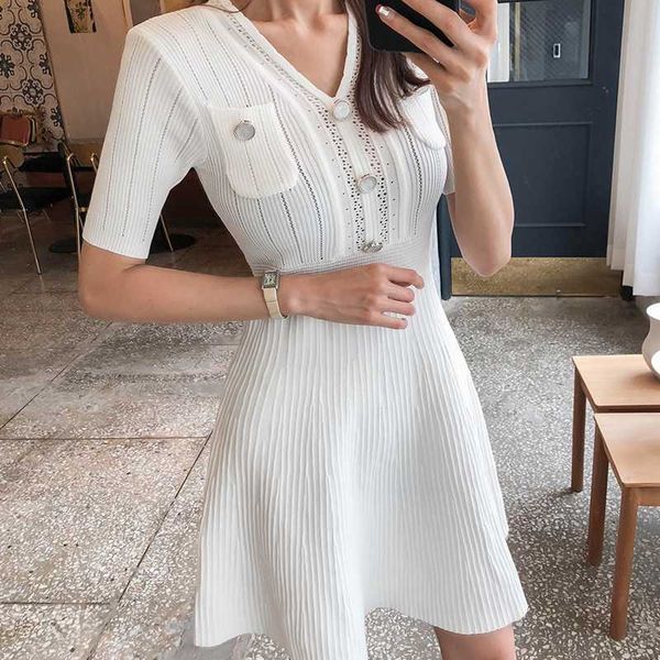 

fashion korean women v-neck short sleeve summer dresses casual elastic waist sweater knitted 210529, Black;gray
