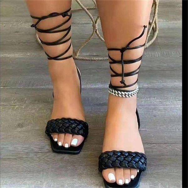 

sandals ladies low heel summer flat woven lace-up shoes party wedding size 43 women, Black