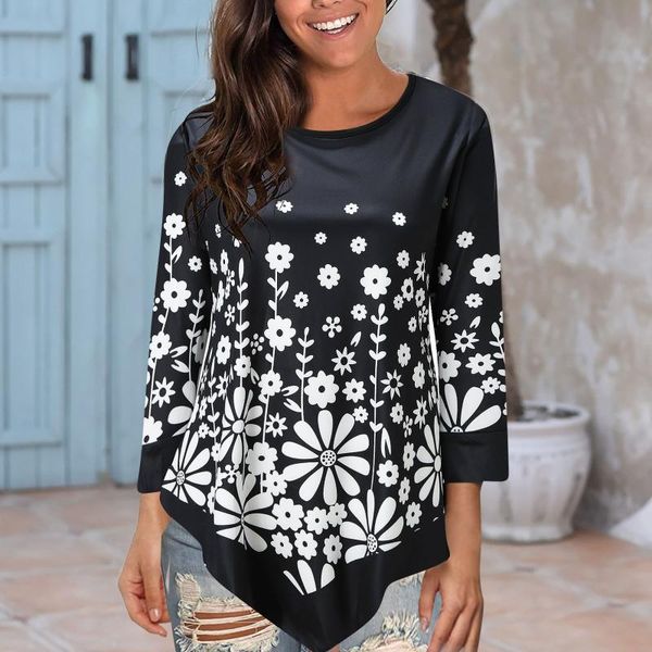 

women's t-shirt harajuku women neck long sleeve print asymmetrical hemline casual flowy shirt clothing camisetas de mujer, White