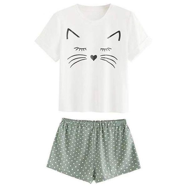 

women girls summer short sleeves pajamas set cute meow cat loose t-shirt polka dot ruffles shorts sleepwear home loungewear, Black;red