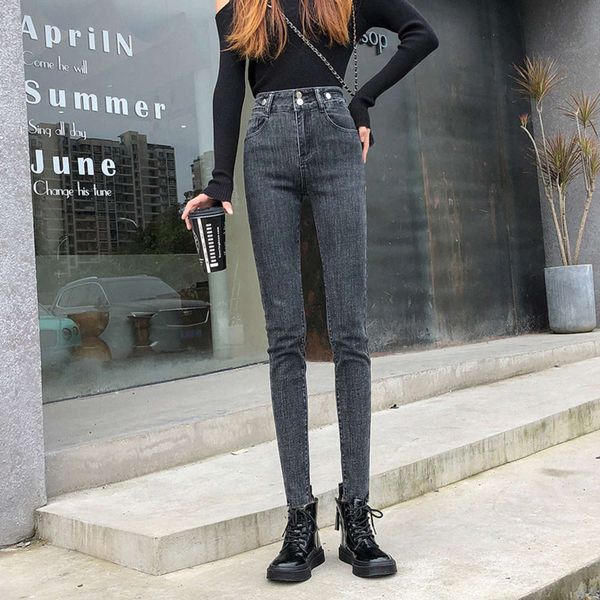 

hip hop waist grey new plush women's small high leg jeans slim tight elastic thickened pencil pants in autumn and winter 2020 k, Blue