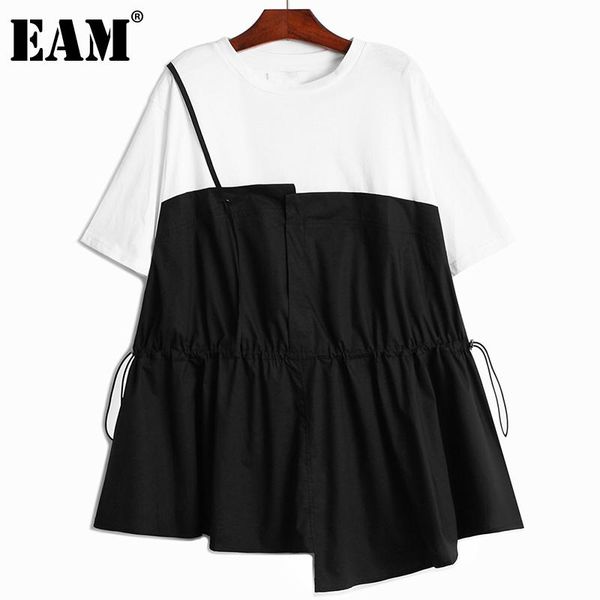 

women's t-shirt [eam] women irregular fake two pieces drawstring round neck short sleeve fashion tide spring summer 2021 1dd8923, White