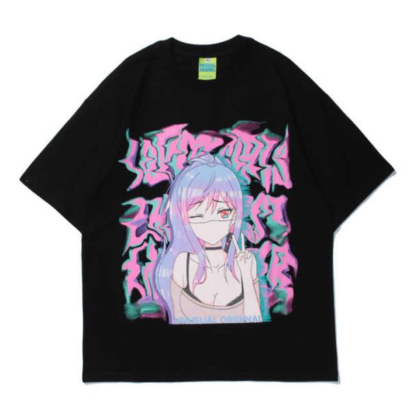 Hip Hop Streetwear HARAJUKU T Gömlek Japon Anime Kız Illusion Baskı Tshirt Erkekler Yaz Kısa Kollu Pamuk Gevşek Üst Tees 210527