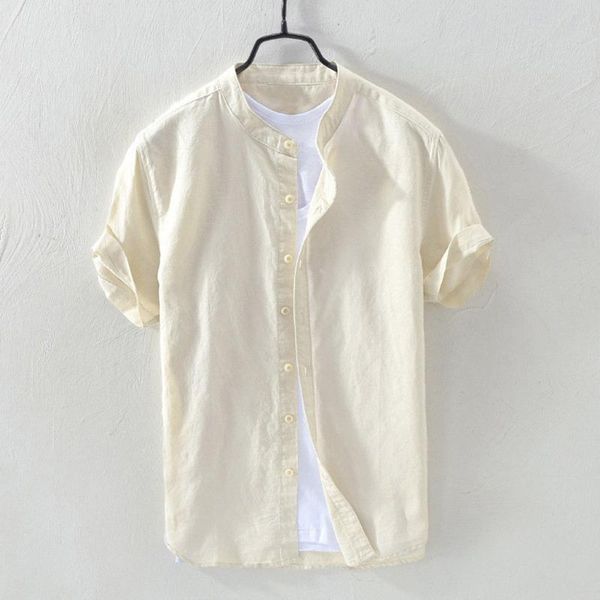 

men's casual shirts shirt cotton linen solid short sleeve button retro v-neck stand collar summer men clothing, White;black