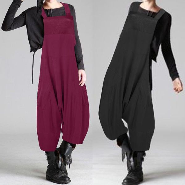 

women's jumpsuits & rompers oversized summer 2021 zanzea stylish dungarees overalls casual drop crotch pantalon female solid 5xl, Black;white