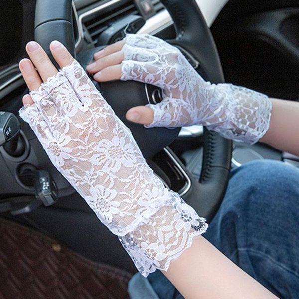 

five fingers gloves 2021 women vintage amazing goth party sunscreen dressy lace anti-uv mittens fingerless style arrival, Blue;gray