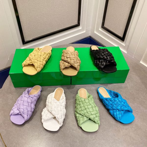 

2021 summer leather woven sandals and slippers women square head large size women flat shoes 7colour zlh, Black