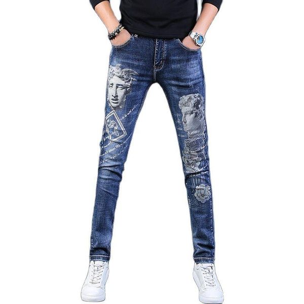 

men's jeans for men 2021 classic printed statue denim slim man pencil pants casual streetwear stretch blue long trousers