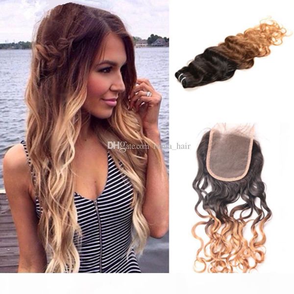 

water wave ombre 1b 4 27 honey blonde human hair with closure 4pcs lot 3bundles brazilian hair with wet and wavy lace closure, Black;brown