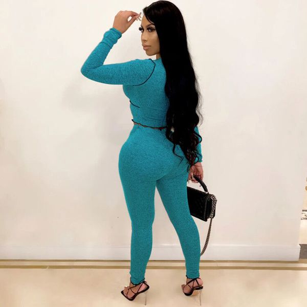 

2021 new autumn 2 piece set women sleeve tie up crop bodycon high waist pants lady long trousers solid casual suit jj3i, Gray