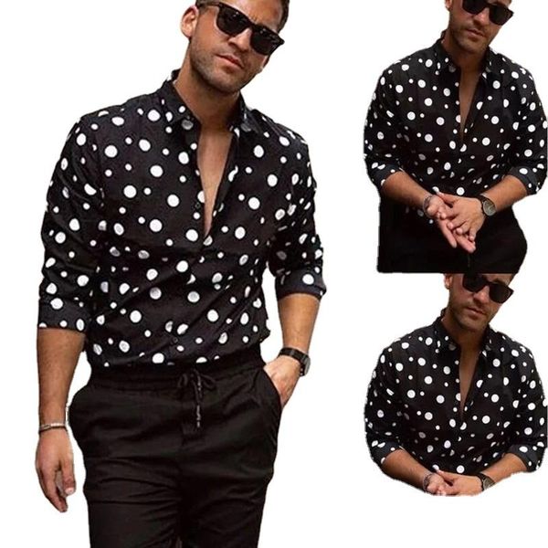 

men's casual shirts linling2021 summer european and american shirt wave dot printing long-sleeved, White;black