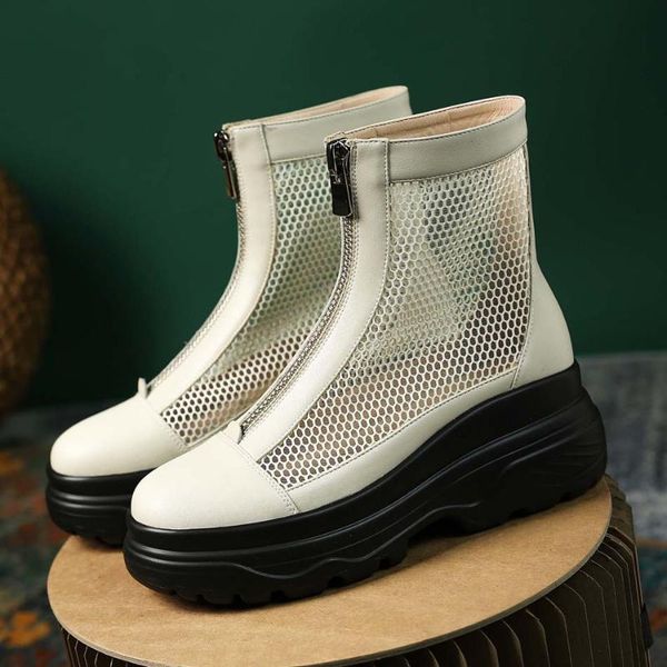 

boots arden furtado summer fashion women's shoes flat platform front zipper genuine leather mesh ankle, Black