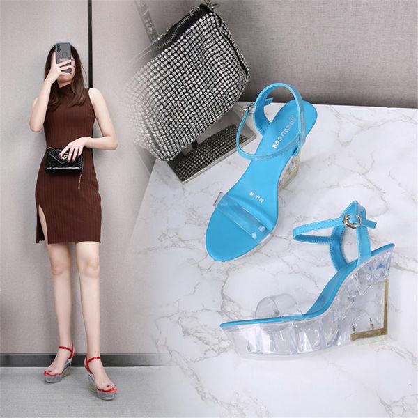 

new nightclub 10cm high heels women's transparent fur sandals catwalk pole dance shoes crystal wedges pumps black white red