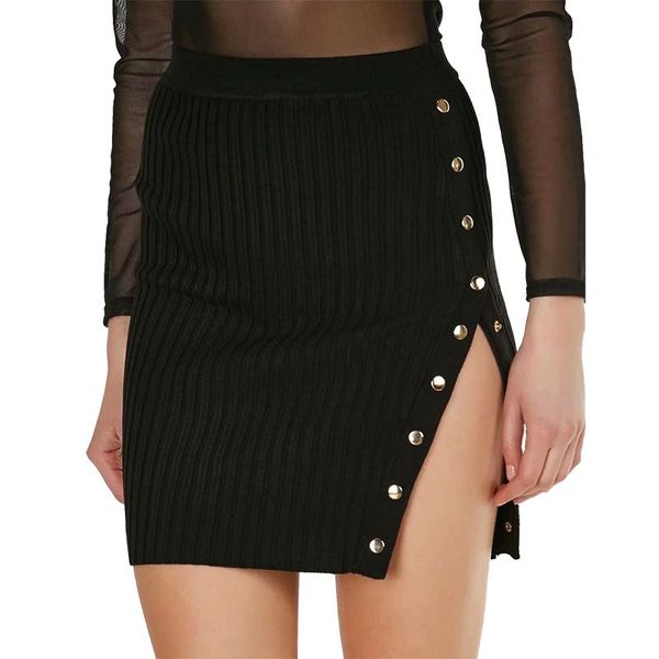 

skirts women buttoned wrap ribbed knit pencil mini, Black