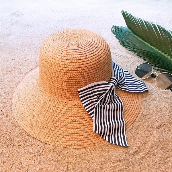 

stingy brim hats women straw sun hat lady dome summer wide beach bucket sunbonnet caps with big bowknot size 56-58cm, Blue;gray