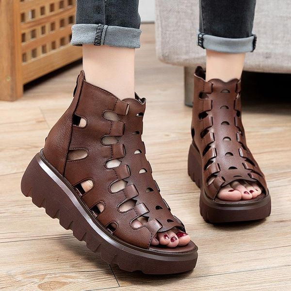 

sandals summer women ankle boots handmade genuine leather hollow out wedge women's shoes soft bottom platform, Black