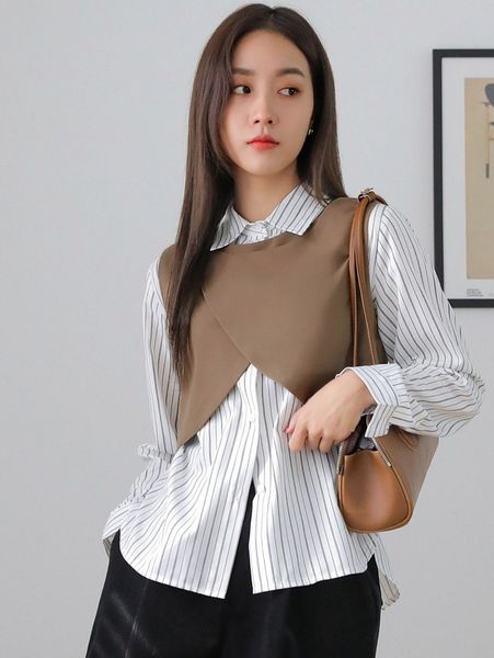 

dazy vertical striped blouse & wrap front zip back tank i9mf#, White