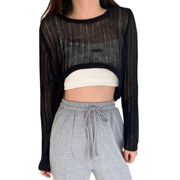 

scheming holle dunne shared sea-through long mouwen suurn cream t-shirt women navel knit top, White