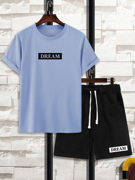 

men letter graphic tee & drawstring waist shorts w2op#, Gray
