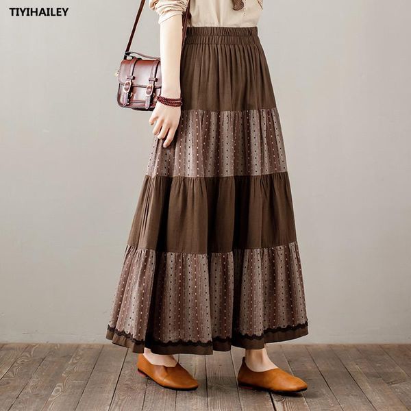 

skirts tiyihailey 2021 long maxi a-line elastic waist women cotton linen patchwork spring summer big hem, Black