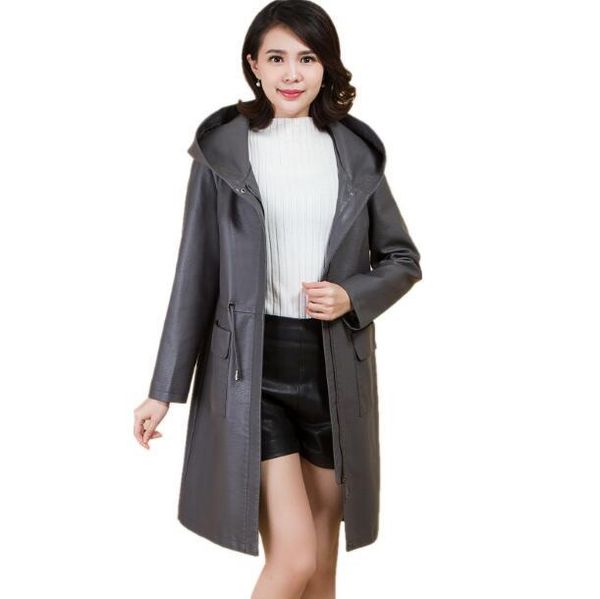 

women's leather & faux autumn women jackets for spring 2021 casual loose hooded coat medium length trench plus size 4xl 5xl, Black
