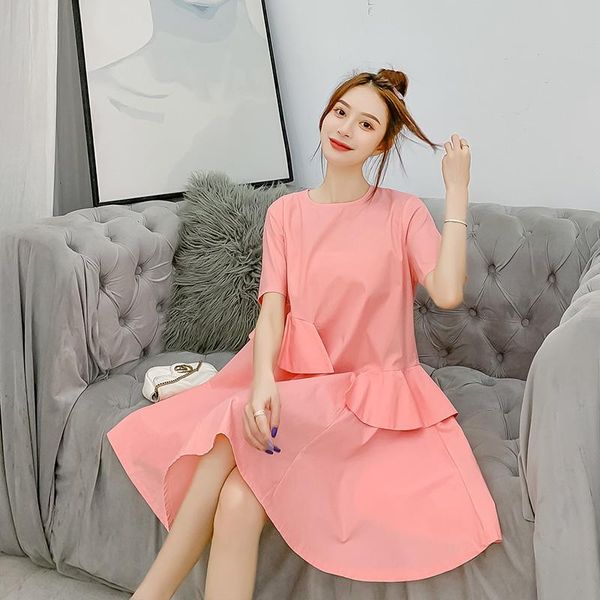 

1805# maternity dress summer cotton o neck plain color short sleeves loose stylish dress pregnant women mom, White