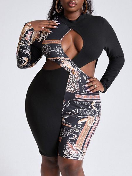 

sxy plus leopard & baroque print cut out unitard romper a0hr#, Black