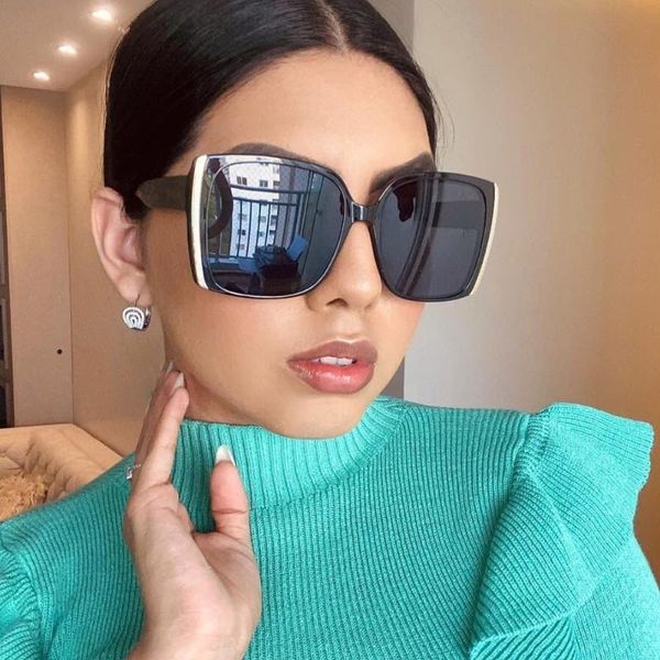 

2021 new trendy vintage big frame square sunglasses women fashion brand designer black driving glasses female oversized shades, White;black