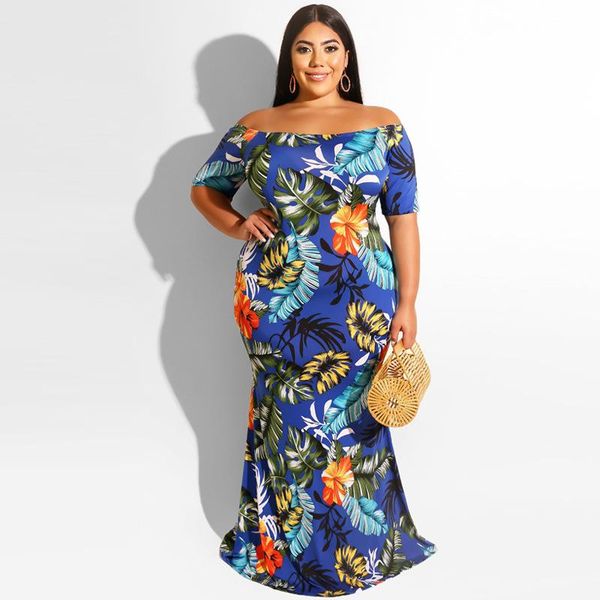 

casual dresses off shoulder dress plus size women summer short sleeve floral print slim bodycon mermaid maxi long party, Black;gray