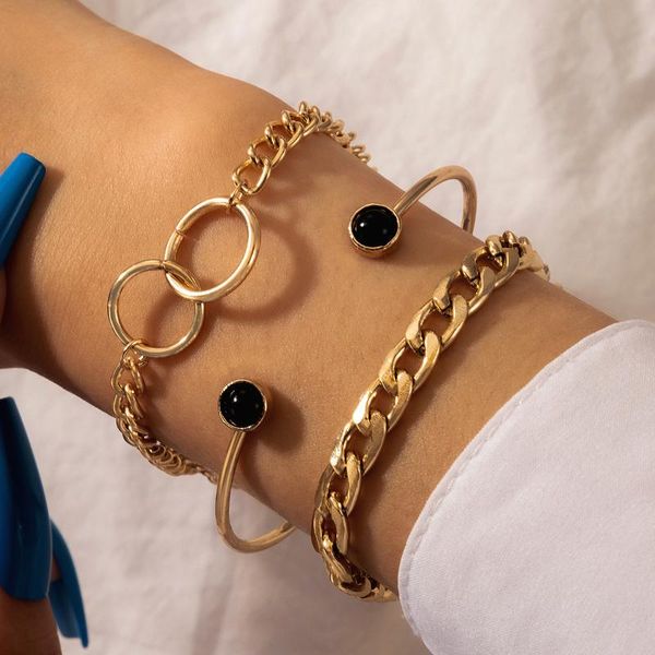 

link, chain punk gothic hollow geometry round bracelets for women hard crystal stone open gold color cuban bangle bohemian jewelry, Black