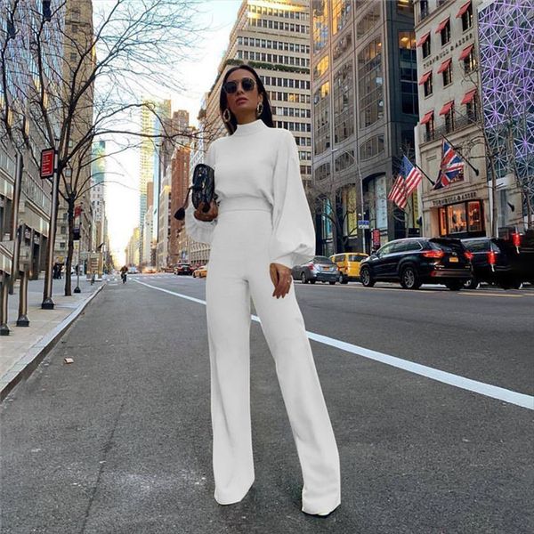 

turtleneck lantern sleeve loose women jumpsuit tunic wide leg flare pants elegant overalls yellow black white