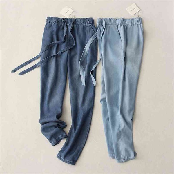 

summer pants thin denim trousers women lace up elastic waist casual jeans harem plus size loose pantalon femme c51 210925, Black;white