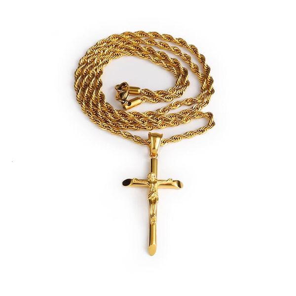 

pendant necklaces jesus cross necklace with 60cm rope chain stainless steel gold color mini charm fashion jewelry for men women, Silver