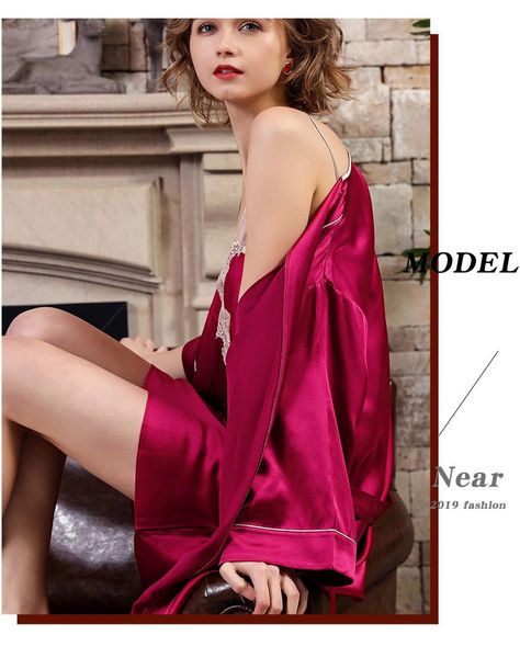 

women's sleepwear falaishuka spring heavy silk pajamas sling nightgown two-piece set wedding bridal gown s5624, Black;red