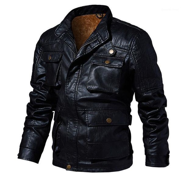 

pilot bomber jackets men 2021 brand embroidery baseball jacket pu faux leather male fleece letter military coats men's fur &, Black