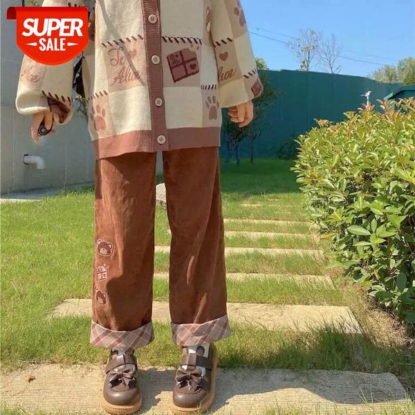 

autumn ins japanese soft girl cute bear student korean version of loose stitching plaid casual wild straight wide leg pants #tl8g, Black;white