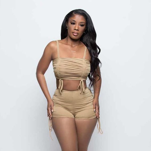 

women's tracksuits wsevypo women casual two-piece clothes set solid color drawstring ruched shorts sets fashion summer straps crop +sho, Gray