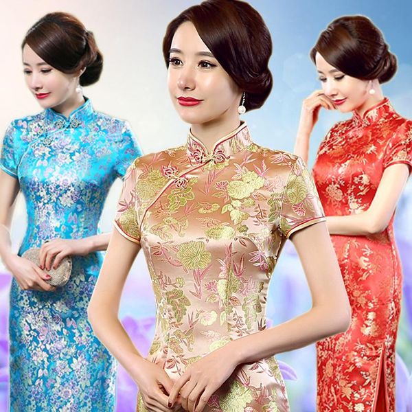 

ethnic clothing 15 colors women brocade satin cheongsam chinese traditional long qipao dress flower size s  l xl xxl xxxl 020718, Red