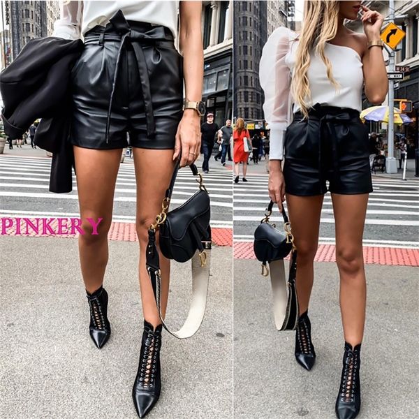 

pu leather high waist shorts women black shorts with belt bow casual short fashion streetwear ladies autumn winter d30 210309, White;black