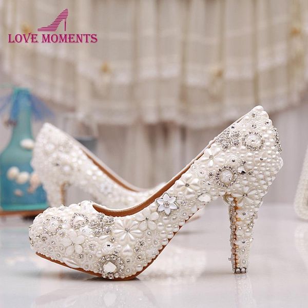 

dress shoes luxuy handmade pearl crystal diamond wedding white bridal women platform high heels 3 inches glitter pumps, Black