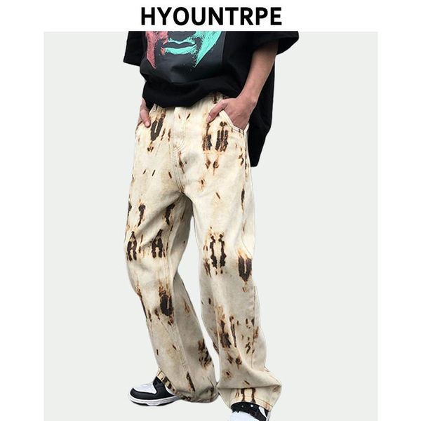 

fashion tie-dyed graffiti printed pants high street straight zipper trouser hip hop streetwear casual loose jogging pants men, Black