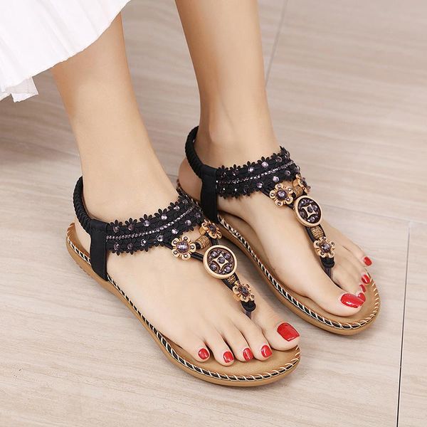 

sandals women's flat water drill flower non slip shoes wood bead elastic band solid color leisure summer, Black